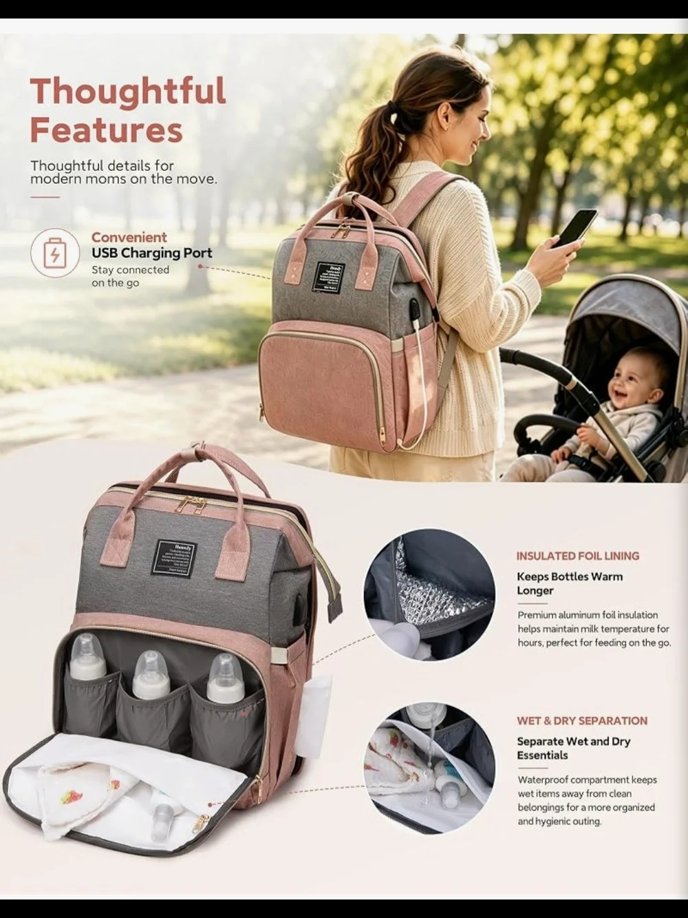 4-in-1 Rose Pink Diaper Bag with Portable Baby Bed